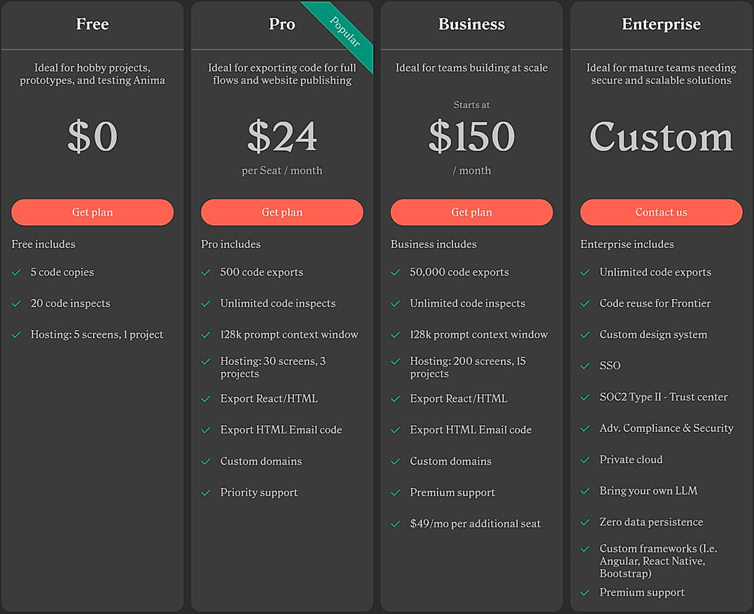 Pricing screenshot
