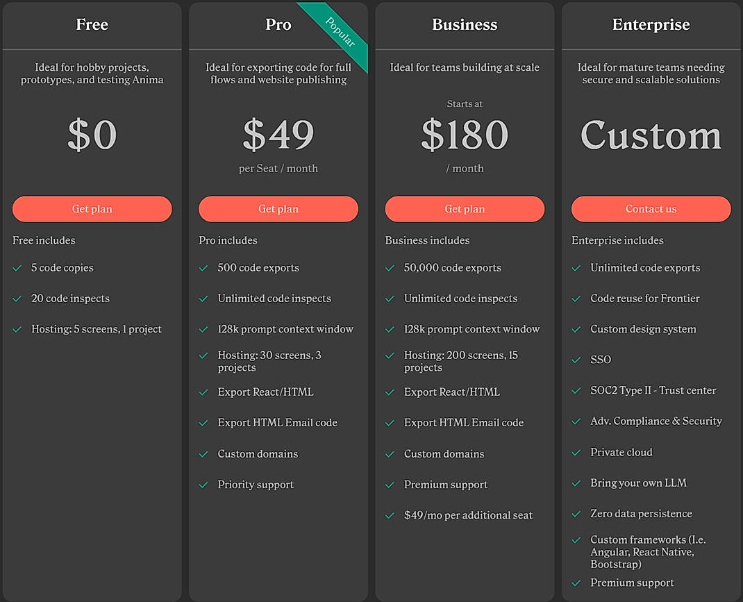 Pricing screenshot
