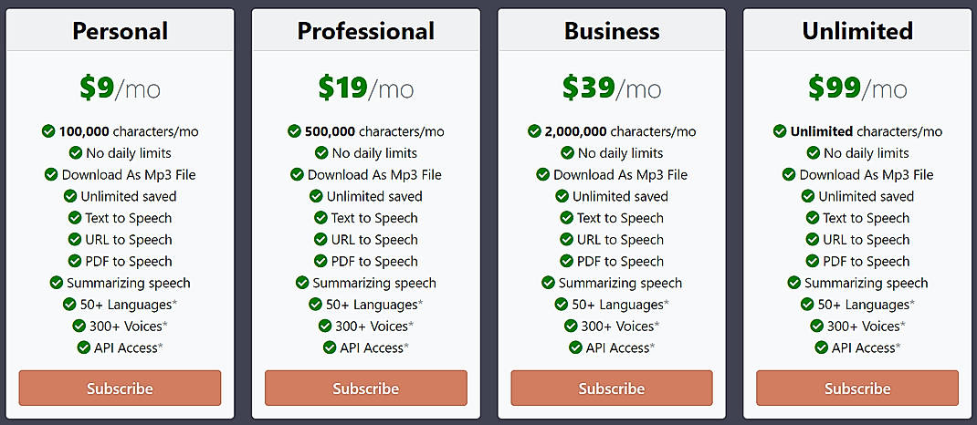 Pricing screenshot