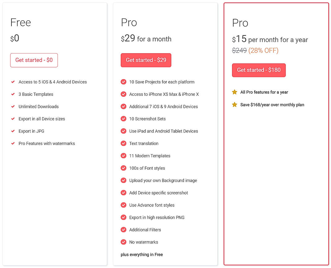 Pricing screenshot