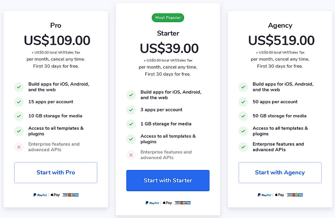 Pricing screenshot