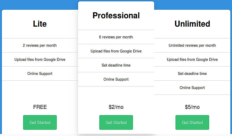 Pricing screenshot