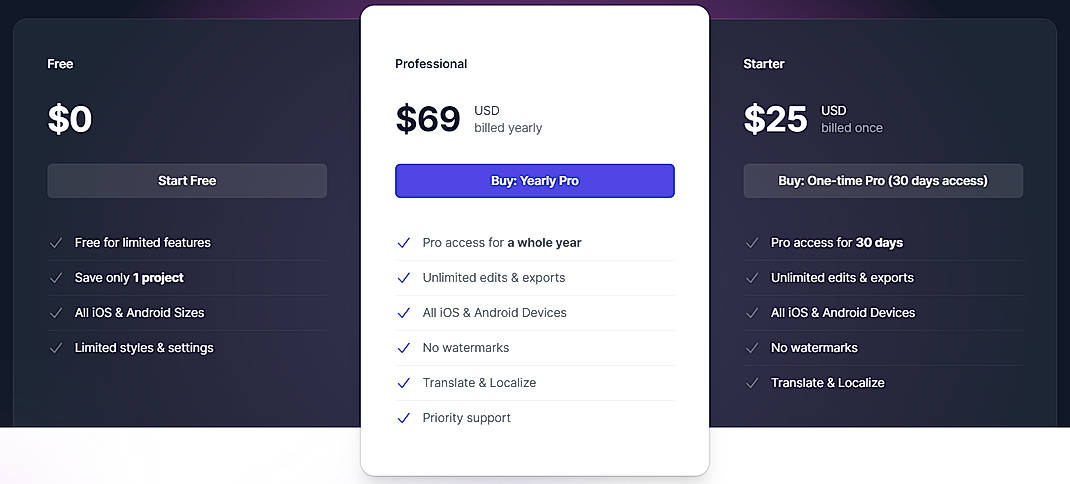 Pricing screenshot