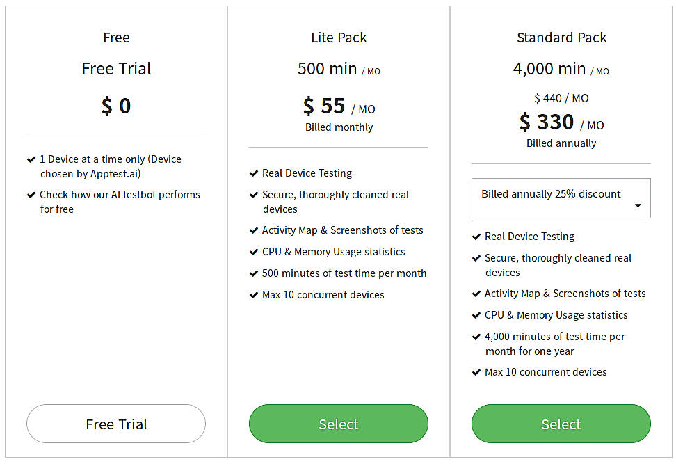 Pricing screenshot