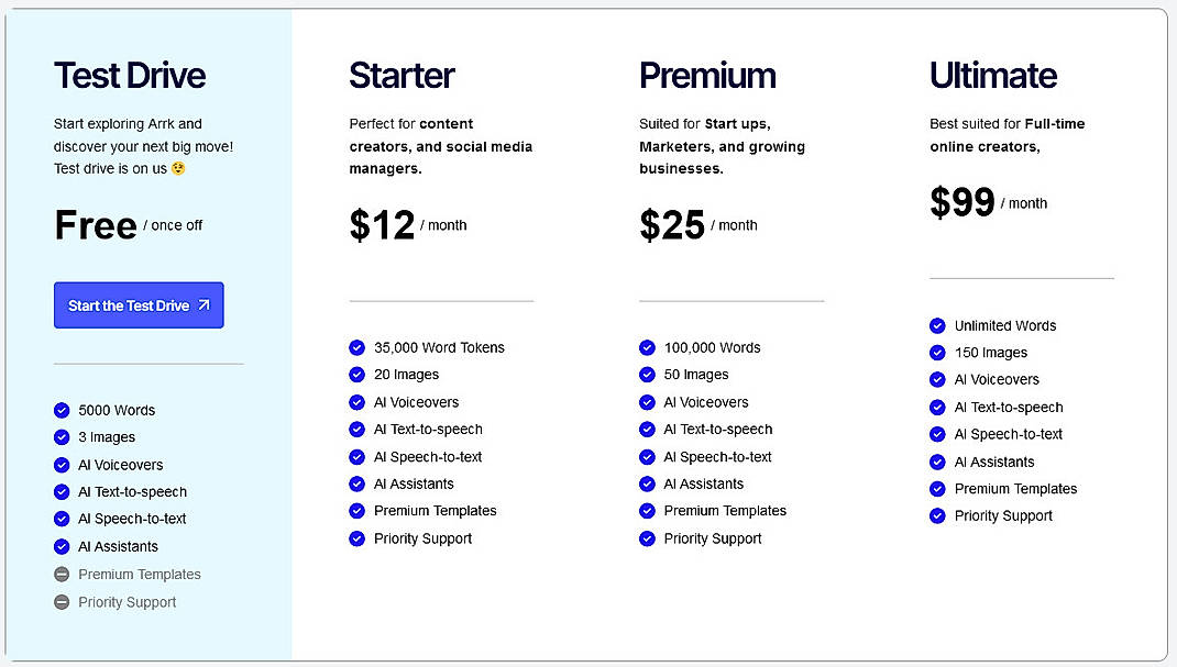 Pricing screenshot
