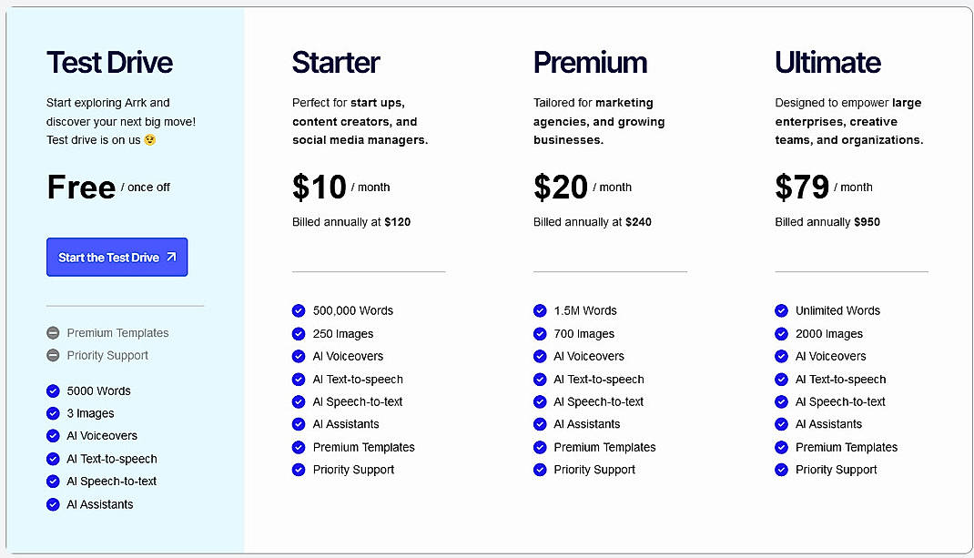 Pricing screenshot