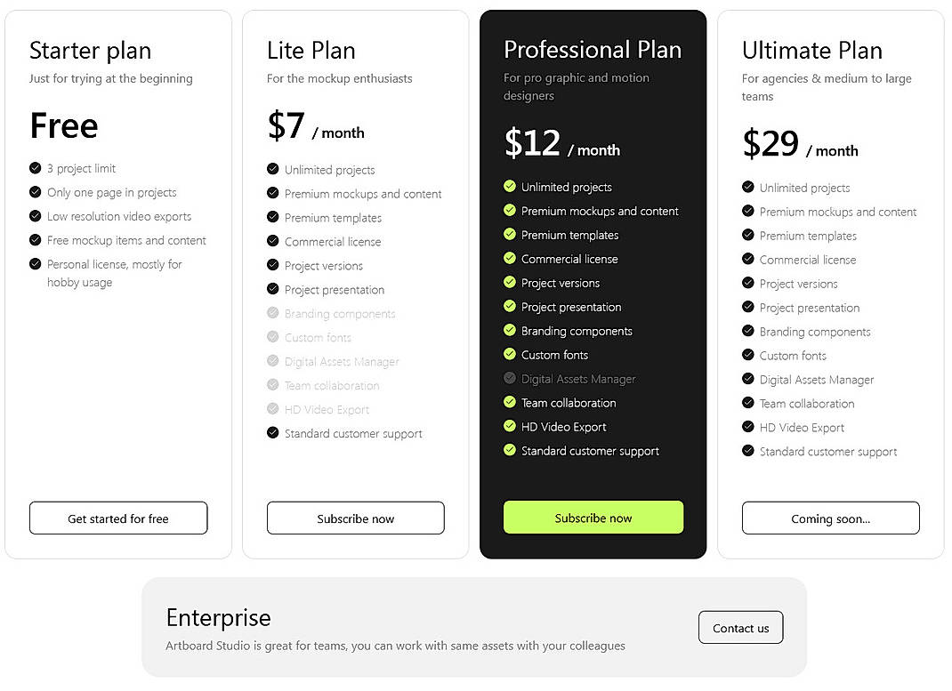 Pricing screenshot