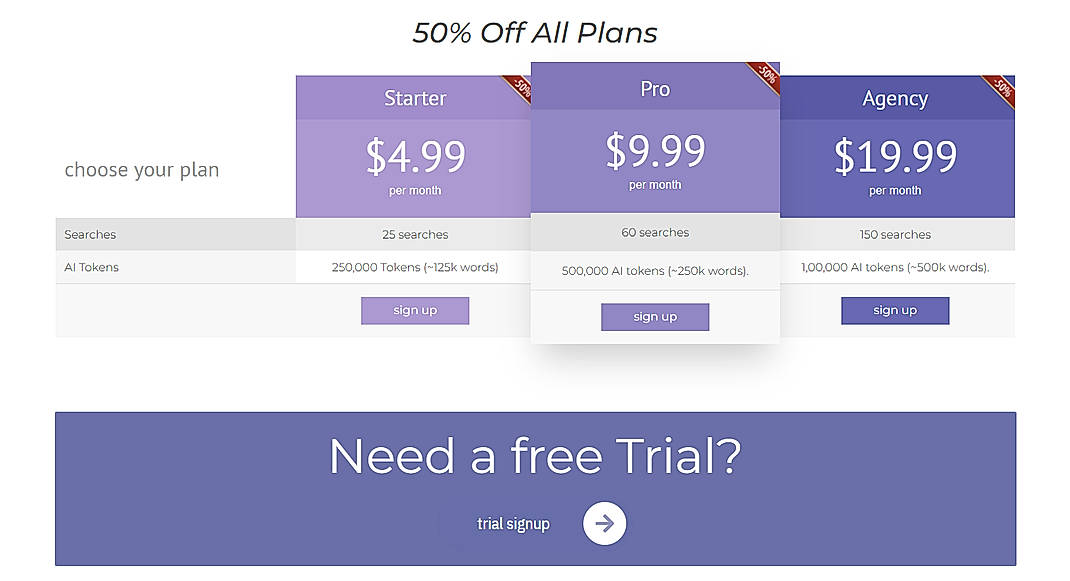 Pricing screenshot