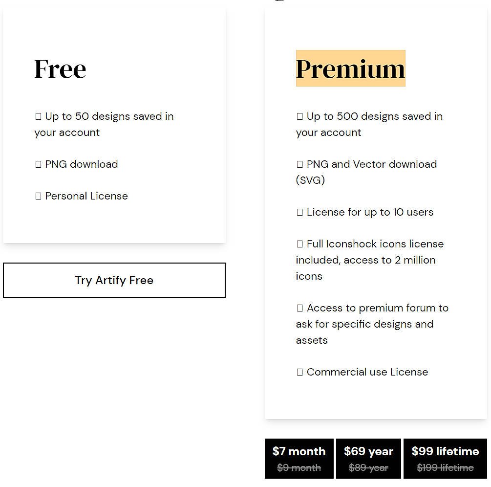 Pricing screenshot