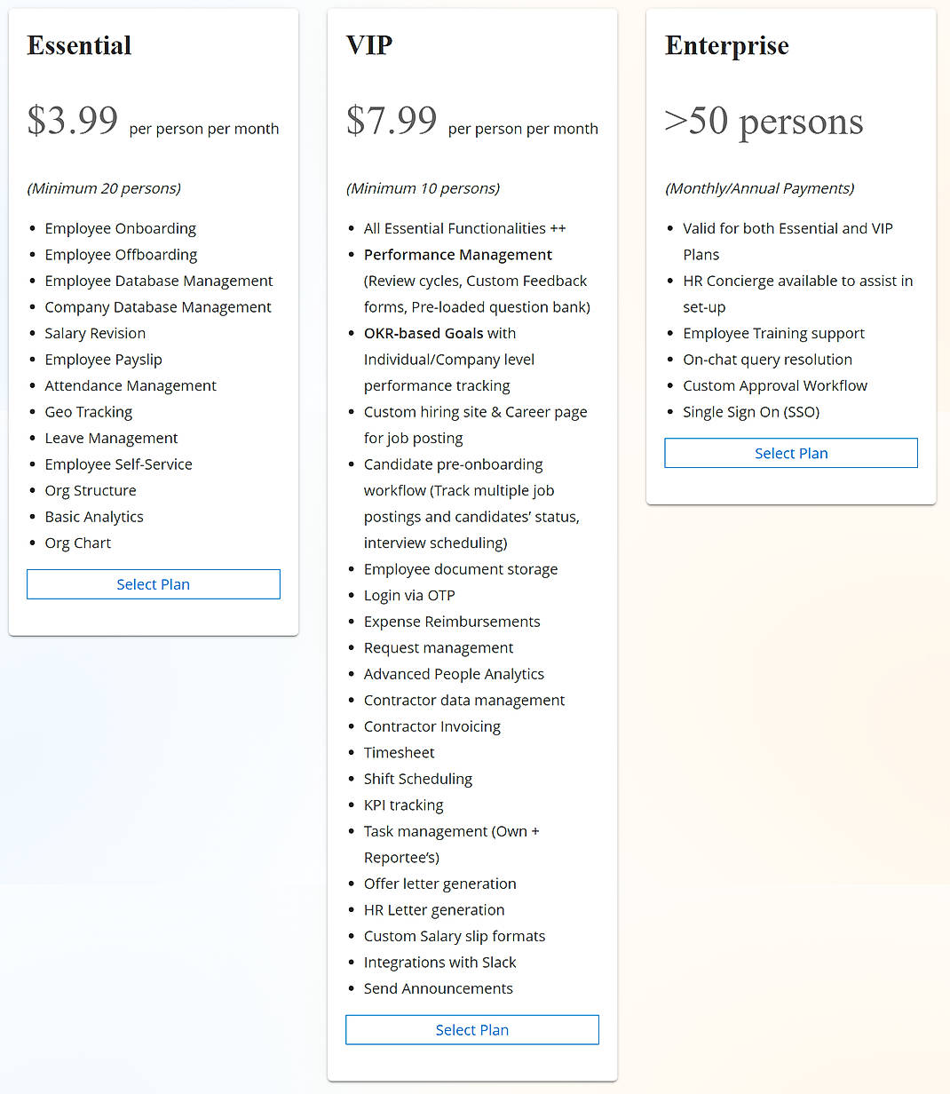Pricing screenshot