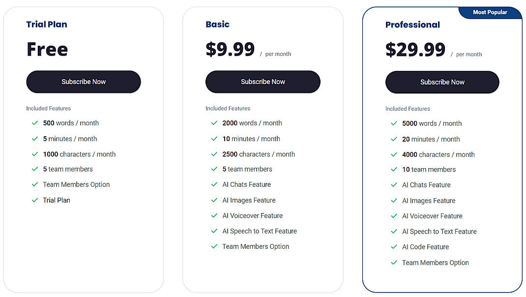 Pricing screenshot