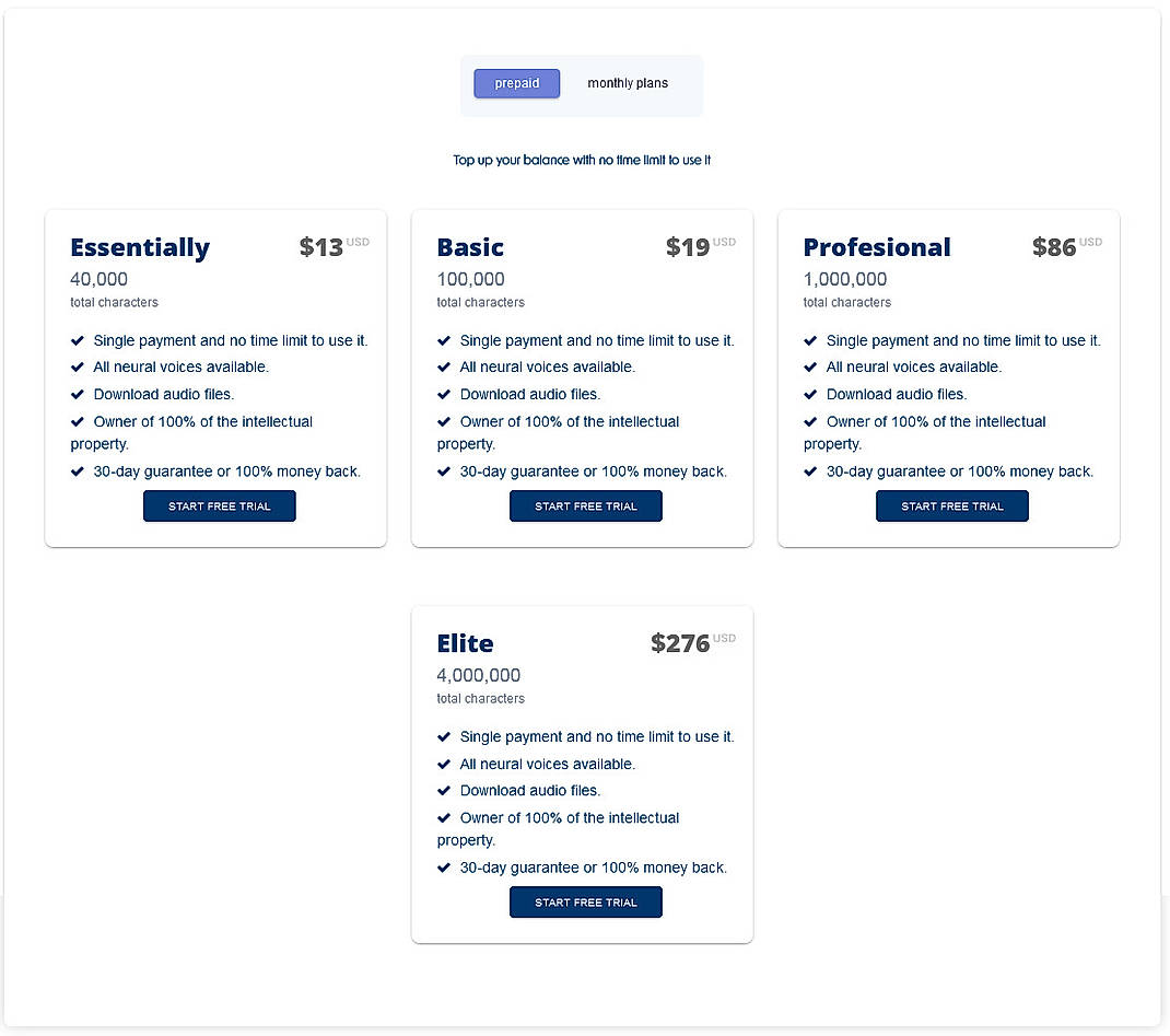 Pricing screenshot