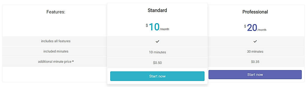 Pricing screenshot