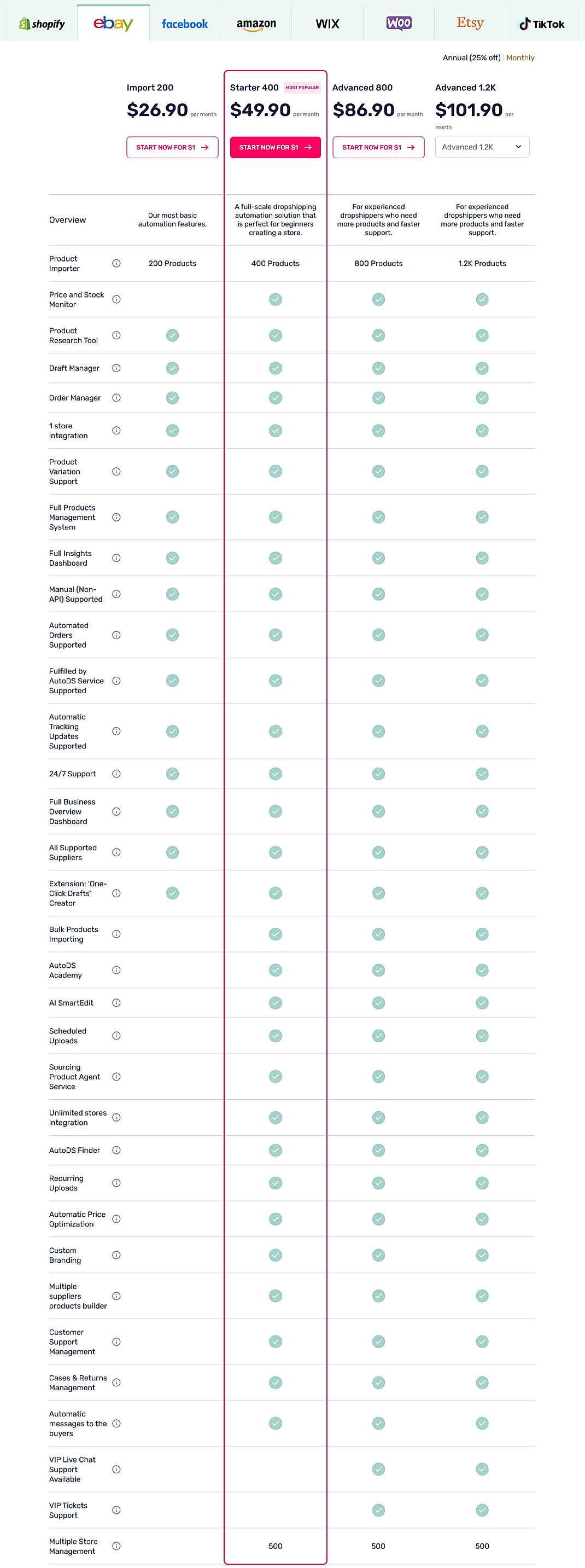 Pricing screenshot