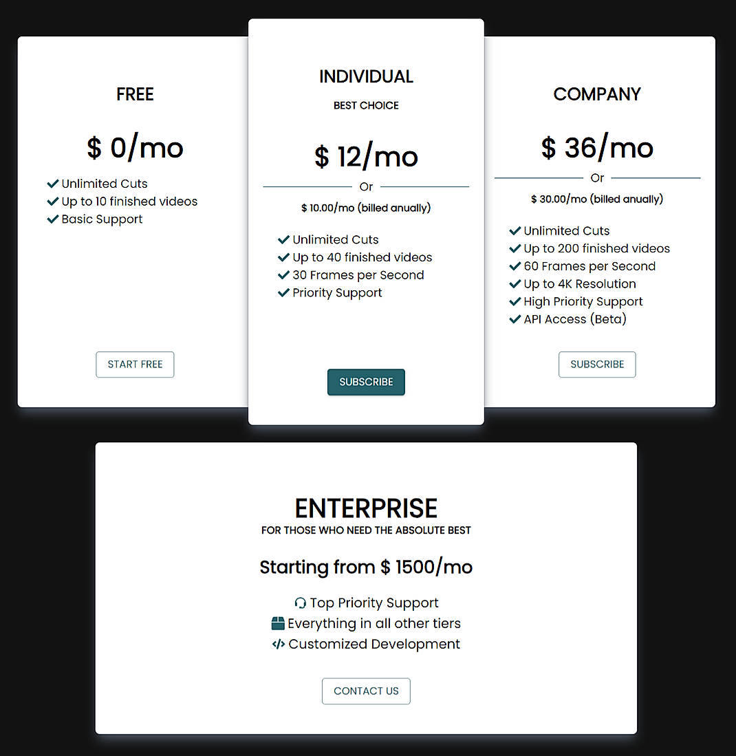 Pricing screenshot