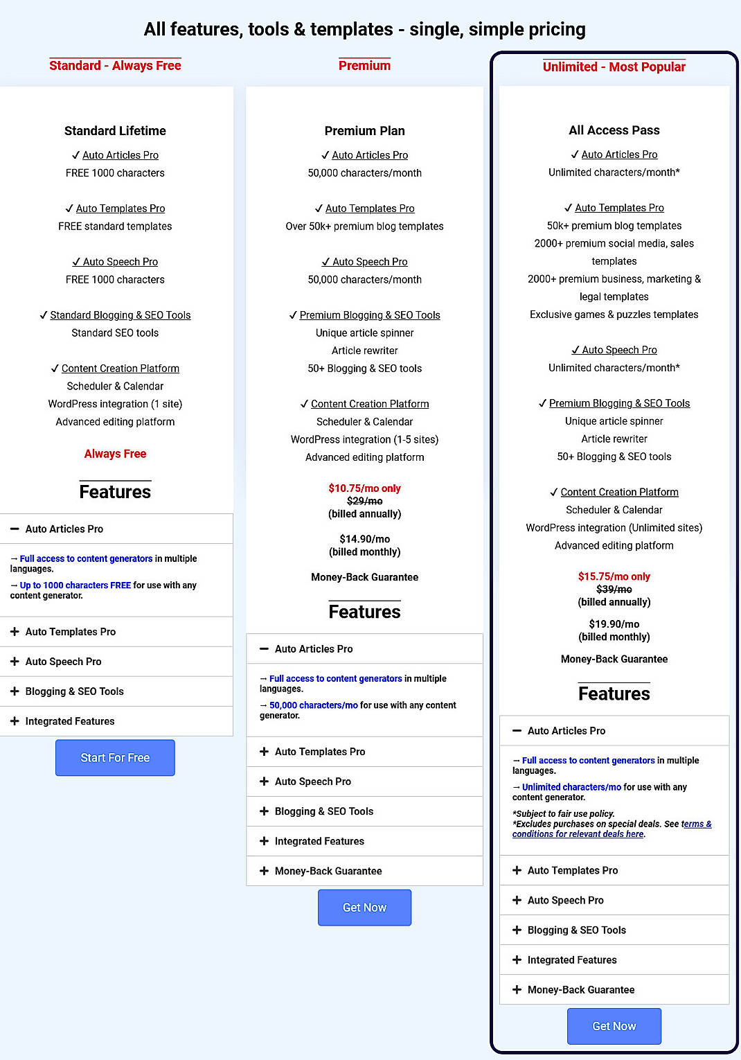 Pricing screenshot