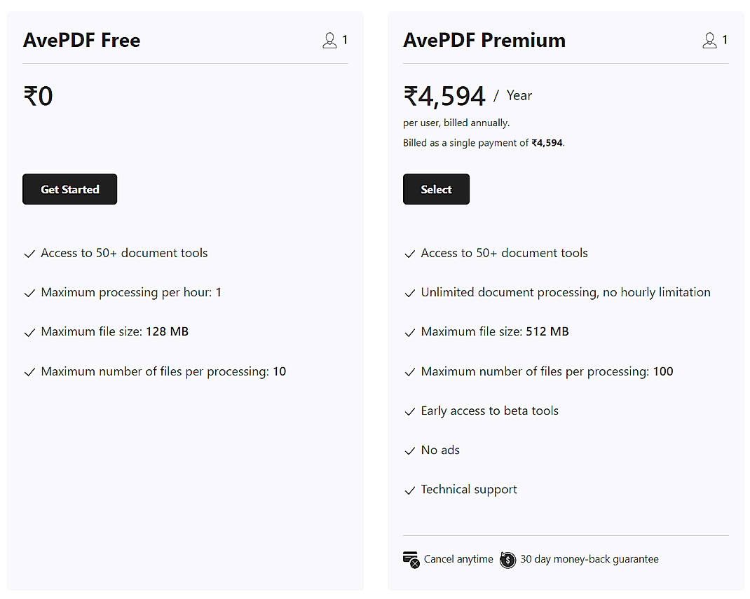 Pricing screenshot