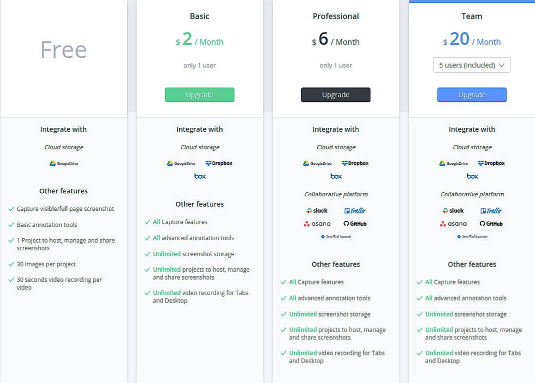 Pricing screenshot