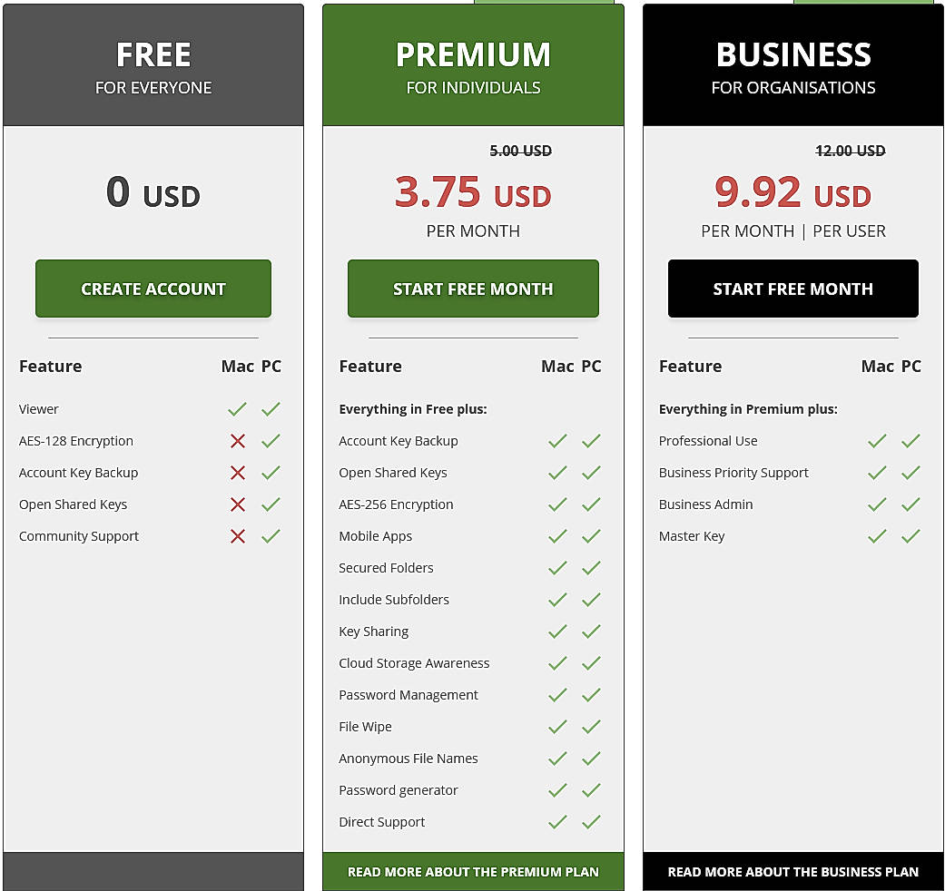 Pricing screenshot