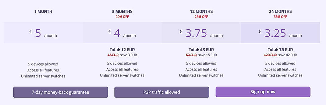 Pricing screenshot