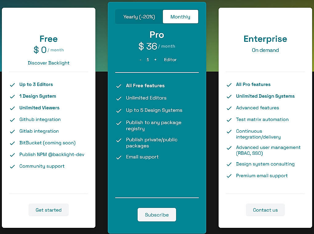 Pricing screenshot