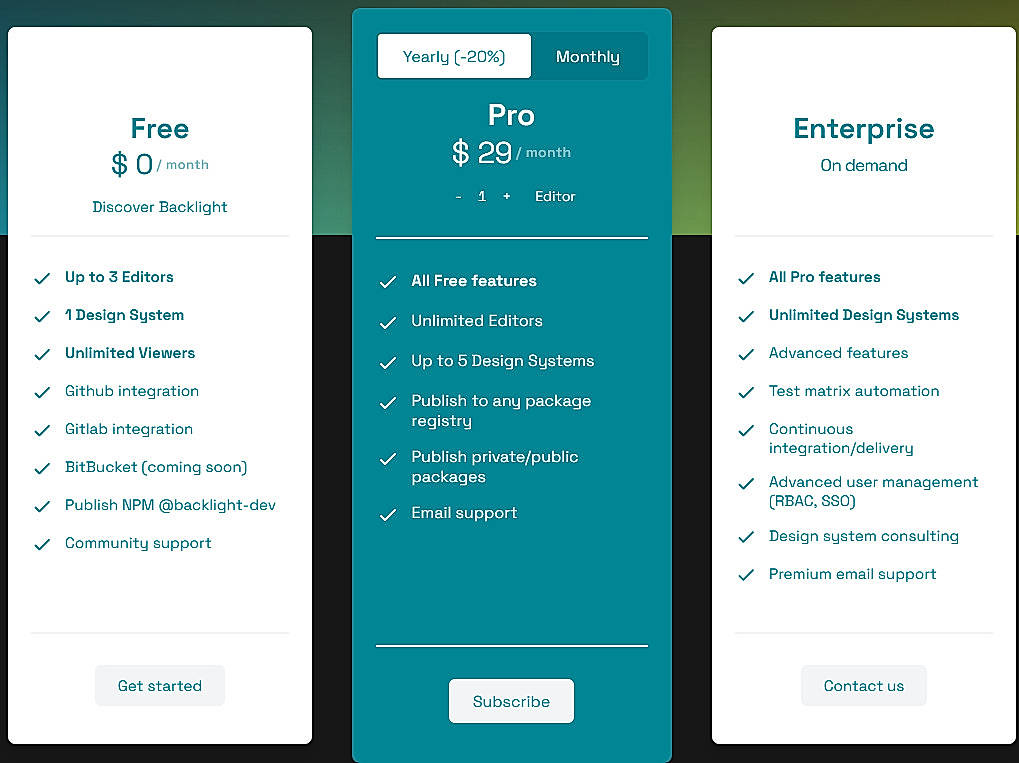 Pricing screenshot