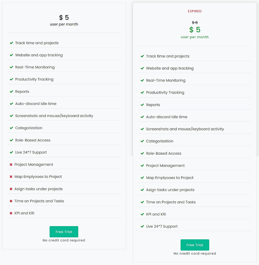 Pricing screenshot