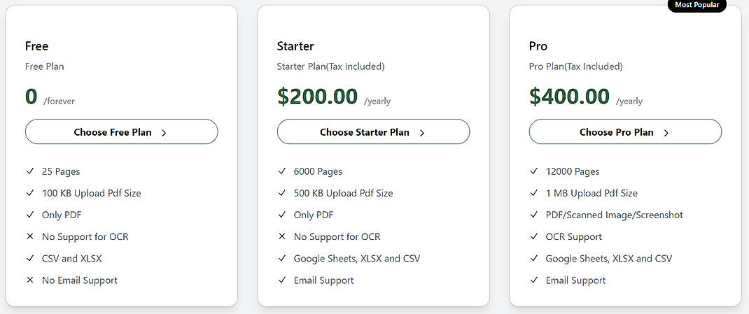 Pricing screenshot