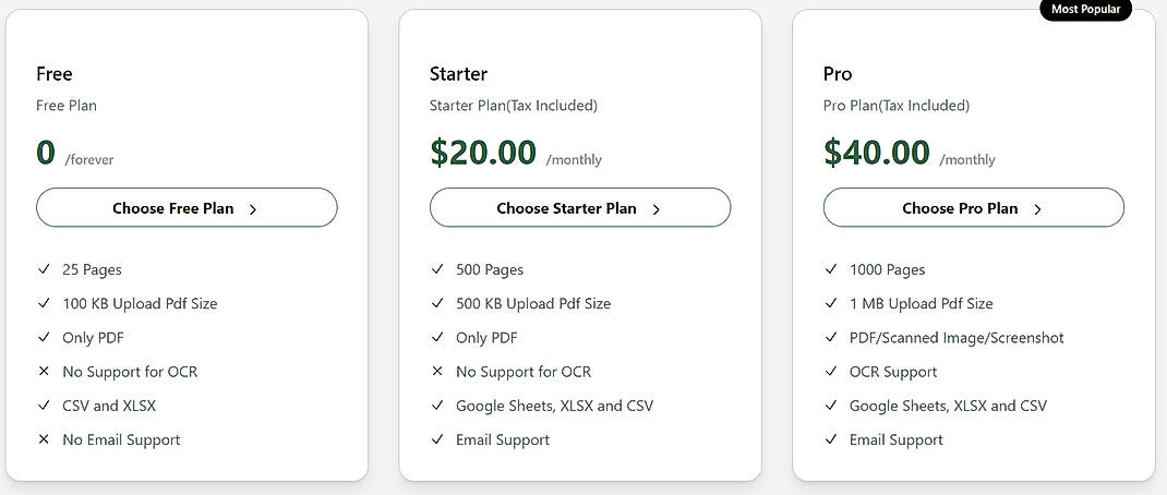 Pricing screenshot