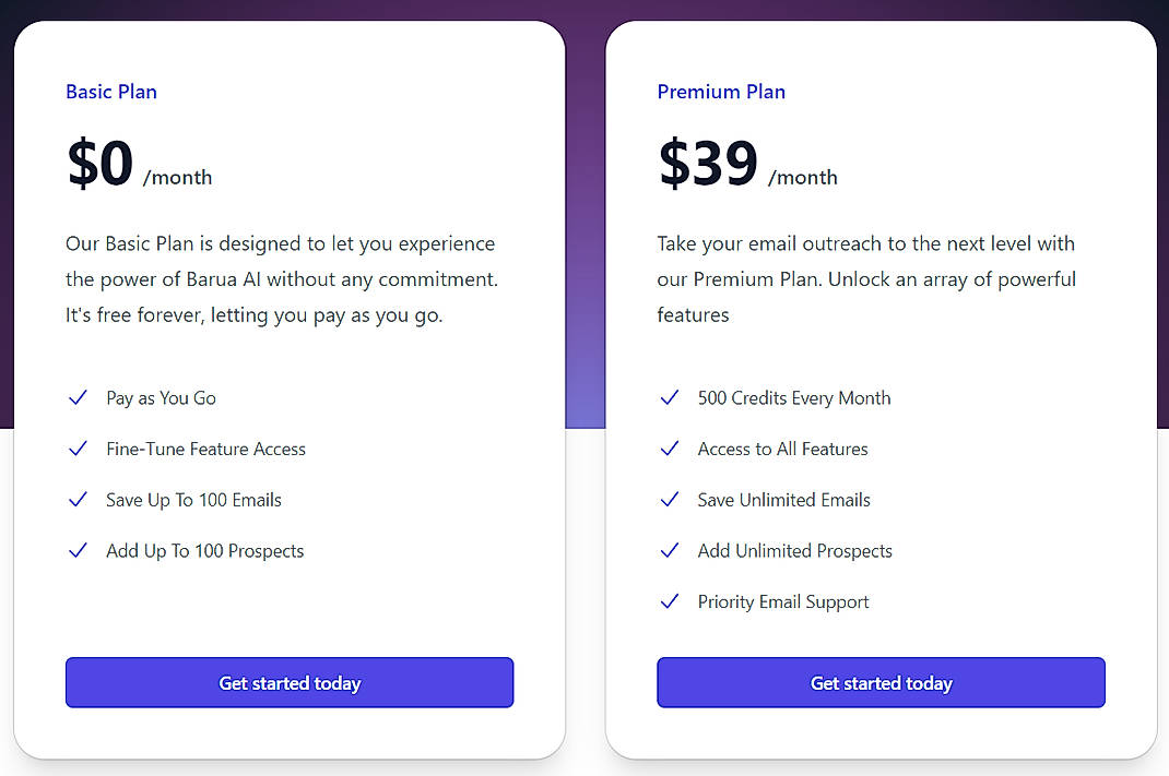 Pricing screenshot
