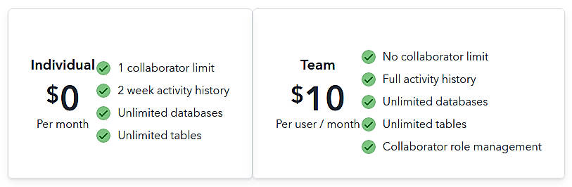 Pricing screenshot