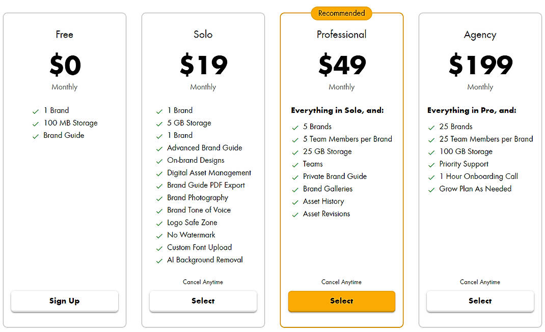 Pricing screenshot