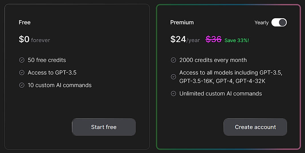 Pricing screenshot
