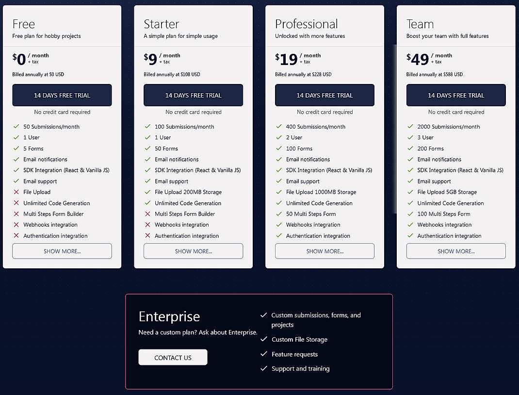 Pricing screenshot