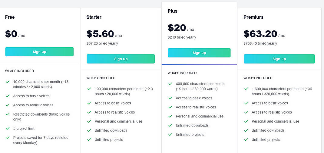 Pricing screenshot