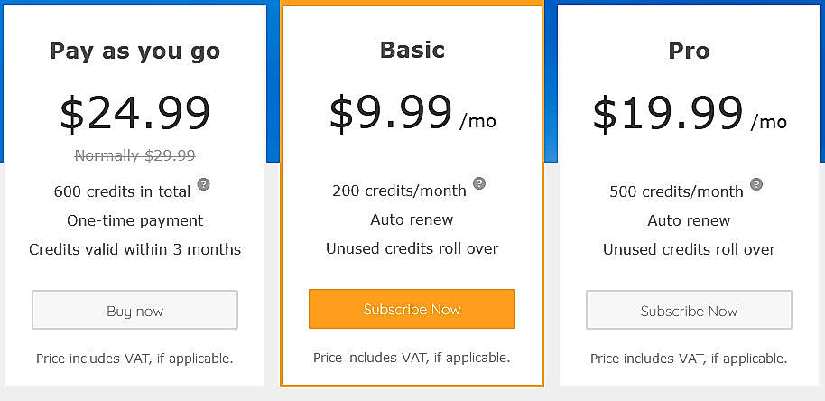 Pricing screenshot