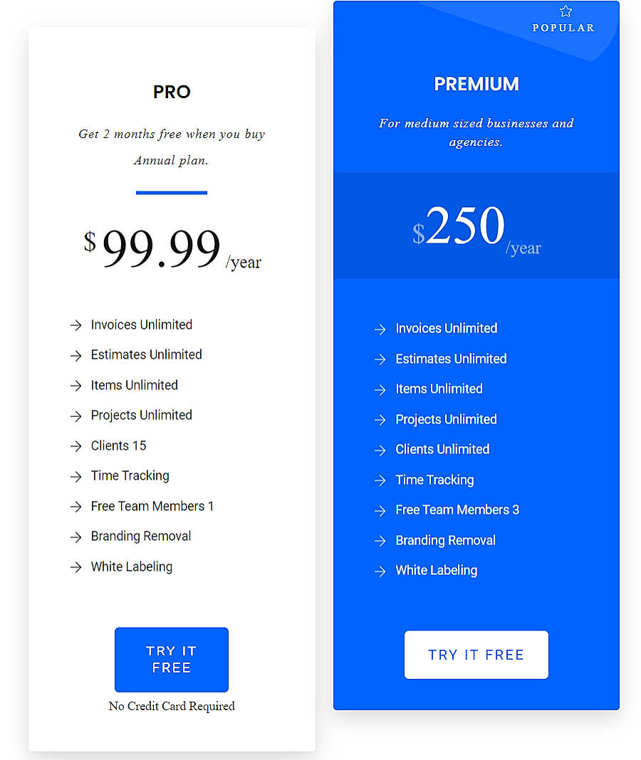 Pricing screenshot