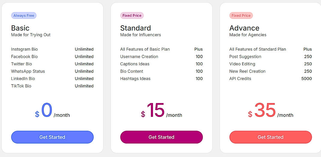 Pricing screenshot