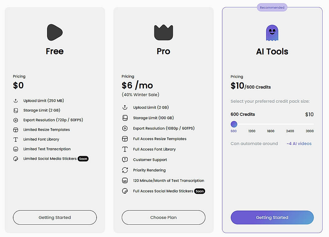 Pricing screenshot