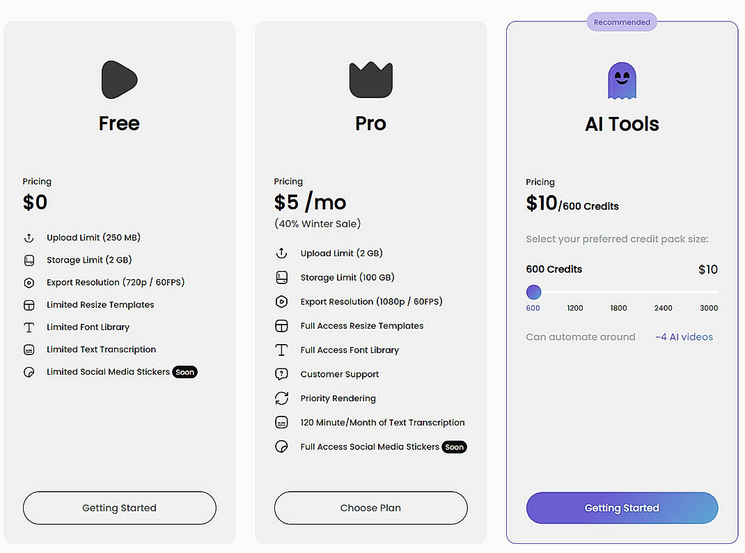 Pricing screenshot