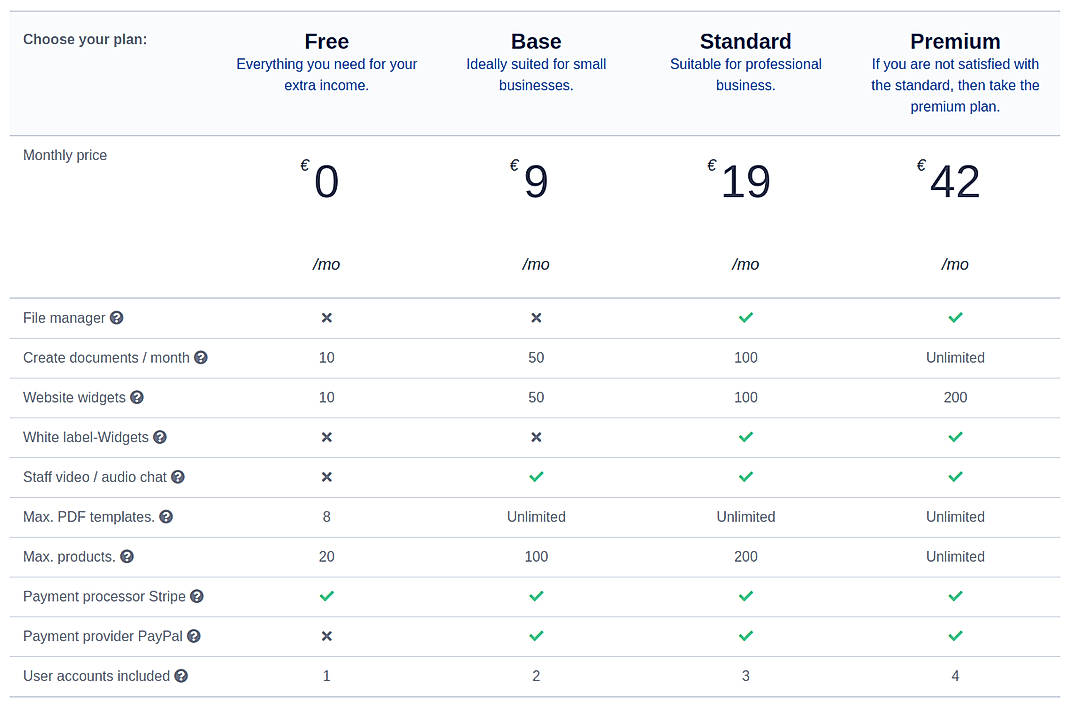 Pricing screenshot