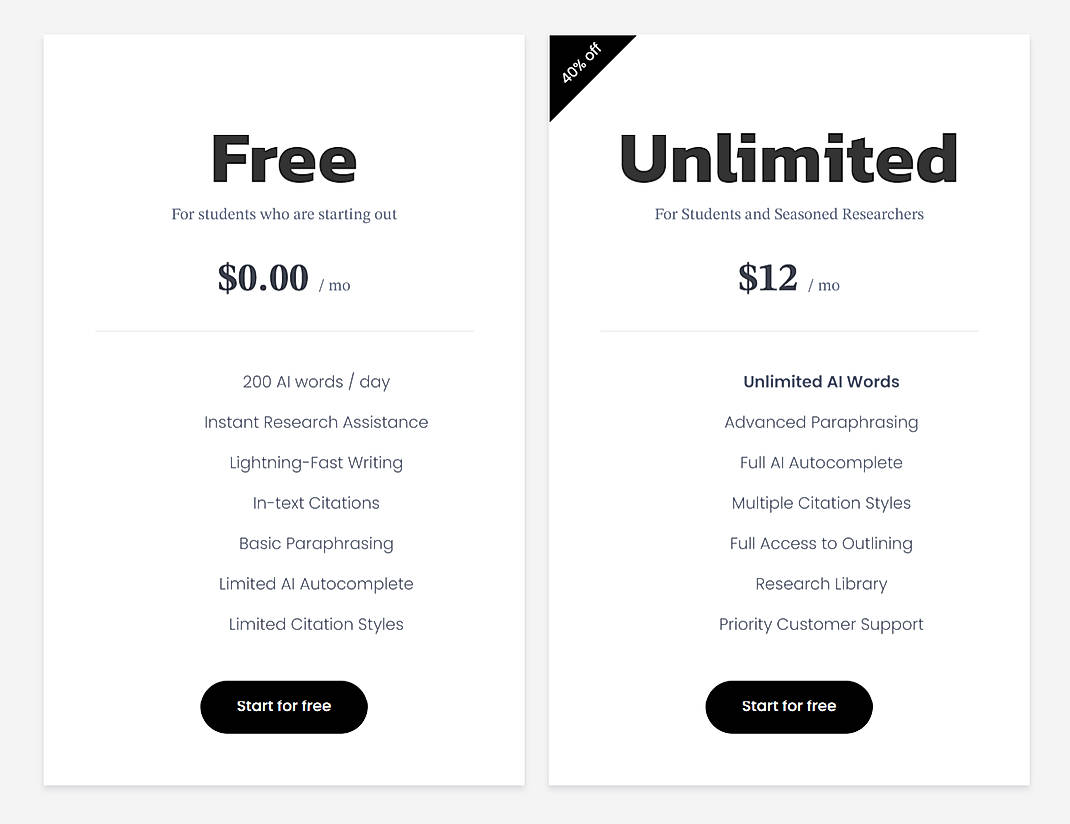 Pricing screenshot