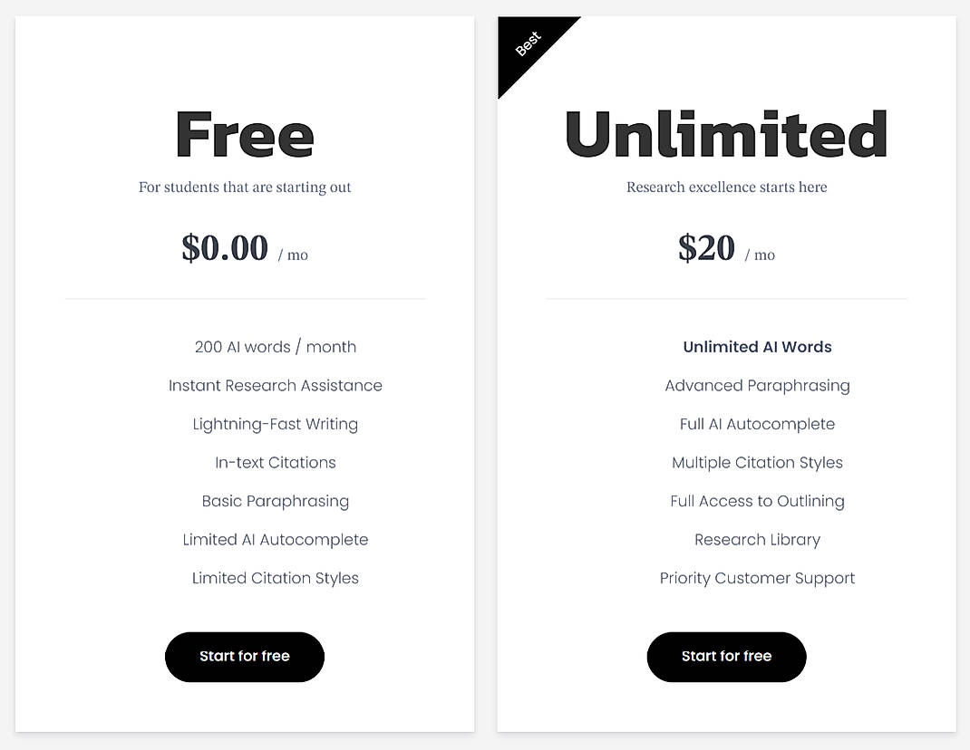 Pricing screenshot