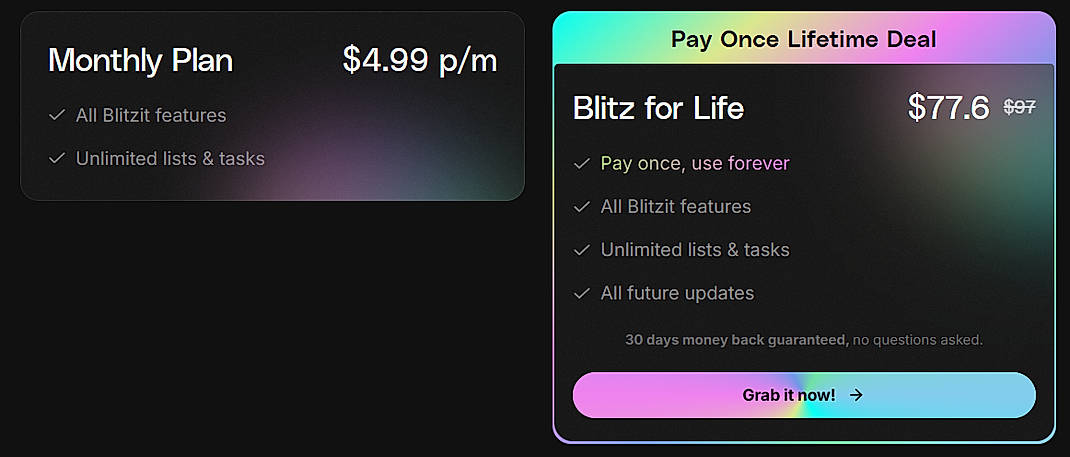 Pricing screenshot