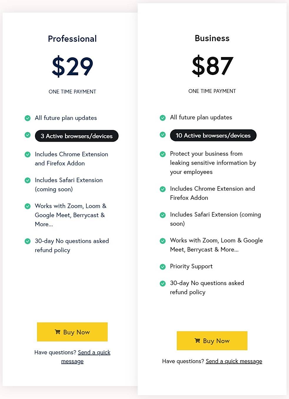 Pricing screenshot