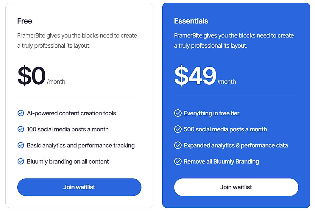 Pricing screenshot