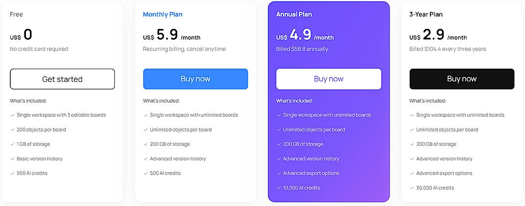 Pricing screenshot