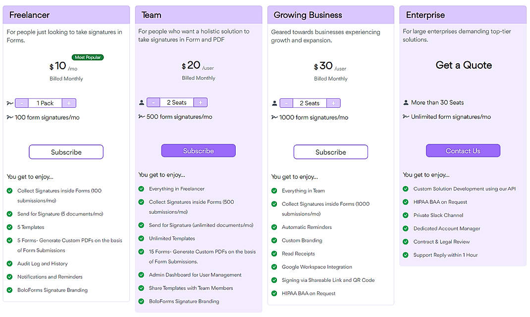 Pricing screenshot