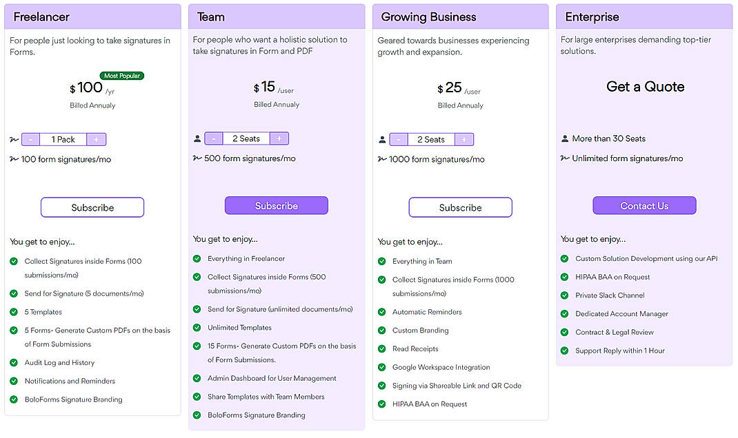 Pricing screenshot
