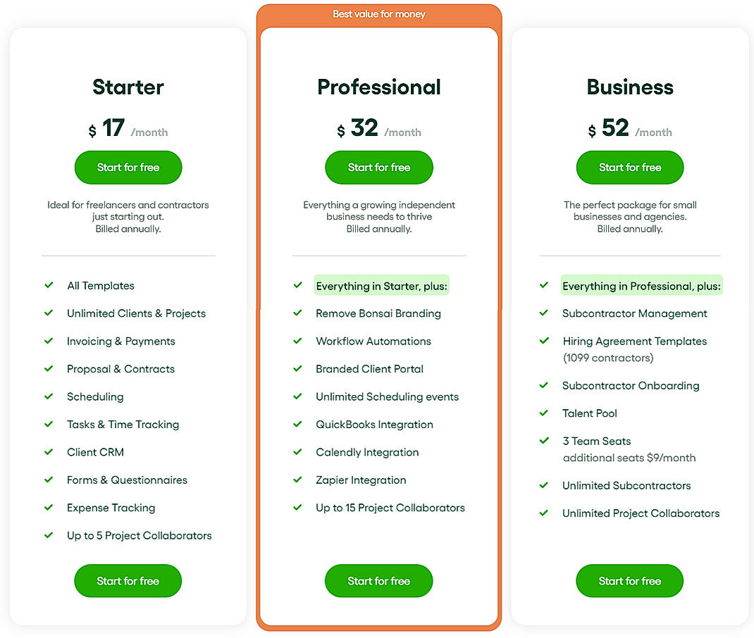 Pricing screenshot